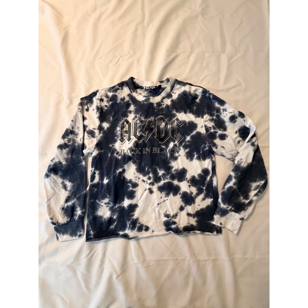 AC/DC Back in Black Tie Dye Graphic Sweatshirt Navy White Small Raw Hem